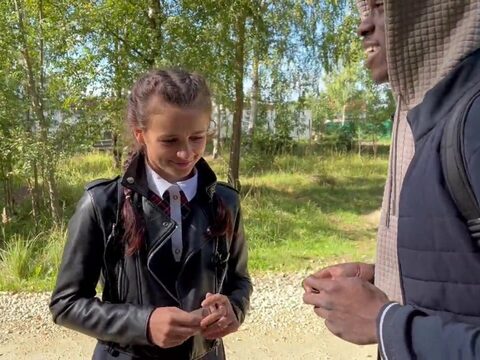 Interracial sex in the woods with a schoolgirl and a big cock lover.