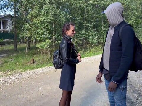 Interracial sex in the woods with a schoolgirl and a big cock lover.