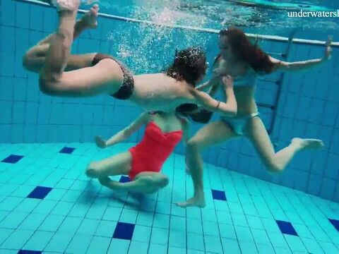 Nina Mohnatka and Avenna have fun in the pool and show off their small chests.
