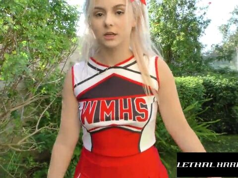 Hot blonde cheerleader gets hard cock in her mouth and vagina