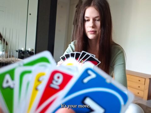 My step-sister comes to me without panties and we play Uno and have sex.