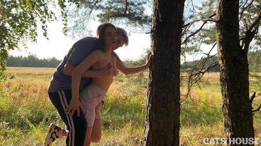 Natural tits Russian teen gets outdoor doggy style sex