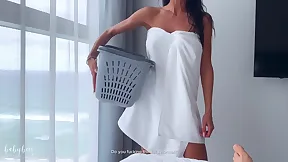 Horny Latina stepmom caught her stepson jerking with her panties.