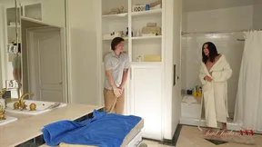 Shay Sights, busty stepmom, catches her stepson spying in the shower.