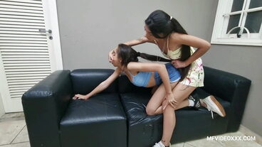 Young brunettes have a deep argument while giving blow jobs