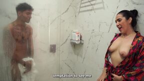 Stepmom with a big ass gets her pussy railed by a skinny stepson in the shower