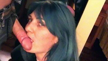 MILF Step Mom with Blue Hair gives Step Son Wet Deepthroat Oral Massage
